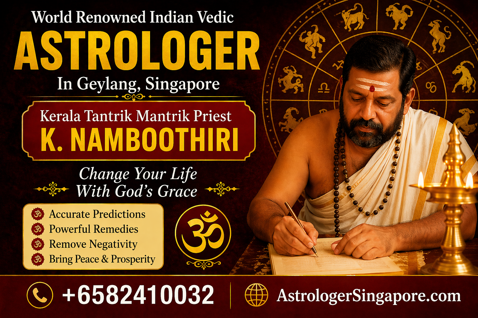 Indian Vedic astrologer K Namboothiri performing traditional astrology rituals with contact number and services in Geylang Singapore.