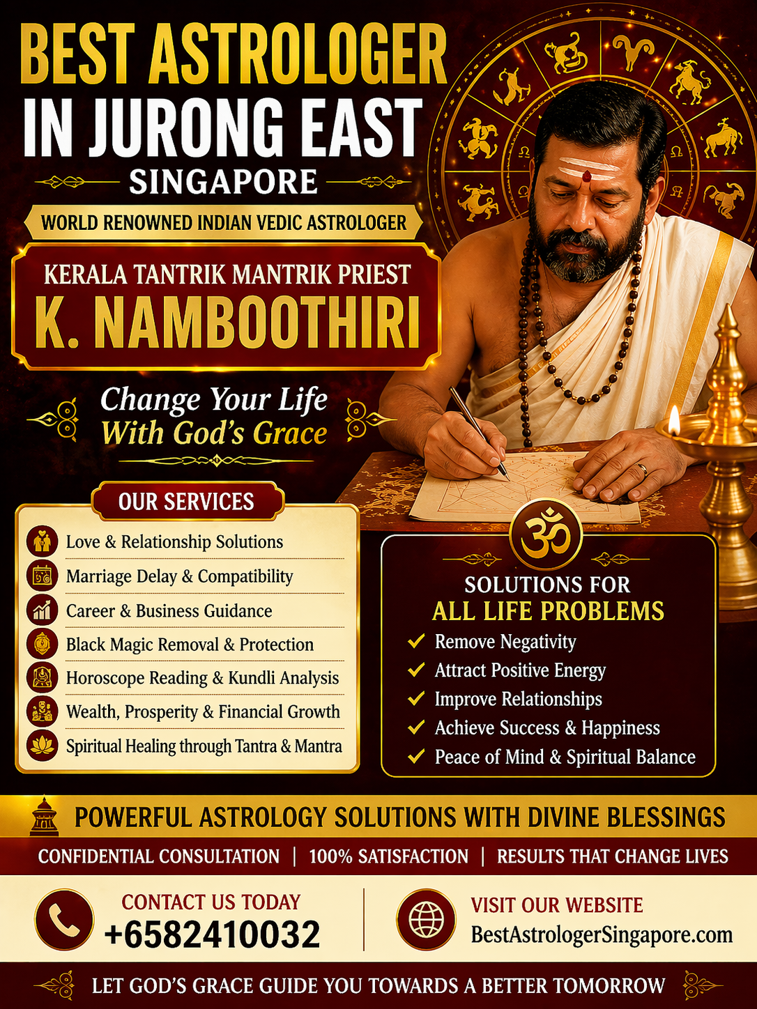 Indian Vedic astrologer K Namboothiri offering astrology services and spiritual remedies in Jurong East Singapore.