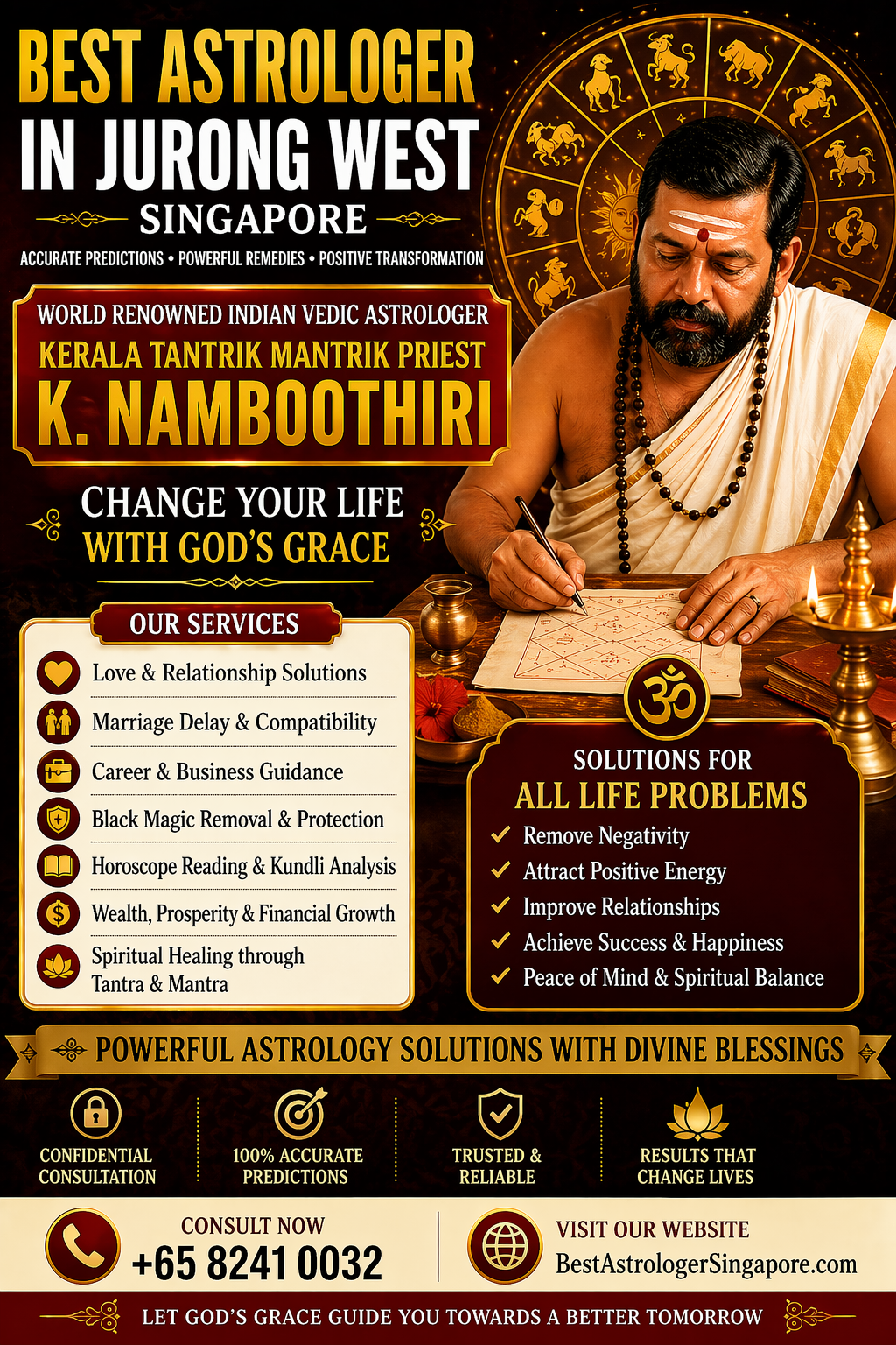 Indian Vedic astrologer K Namboothiri providing astrology services and spiritual remedies in Jurong West Singapore.