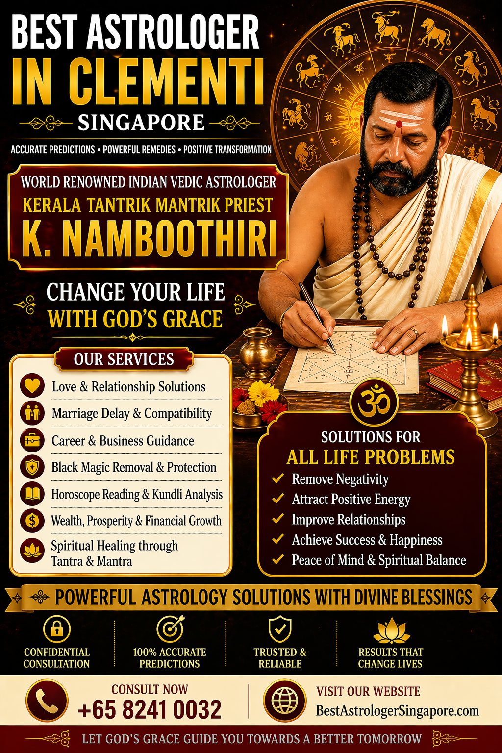 Indian Vedic astrologer K Namboothiri providing astrology services and spiritual remedies in Clementi Singapore.
