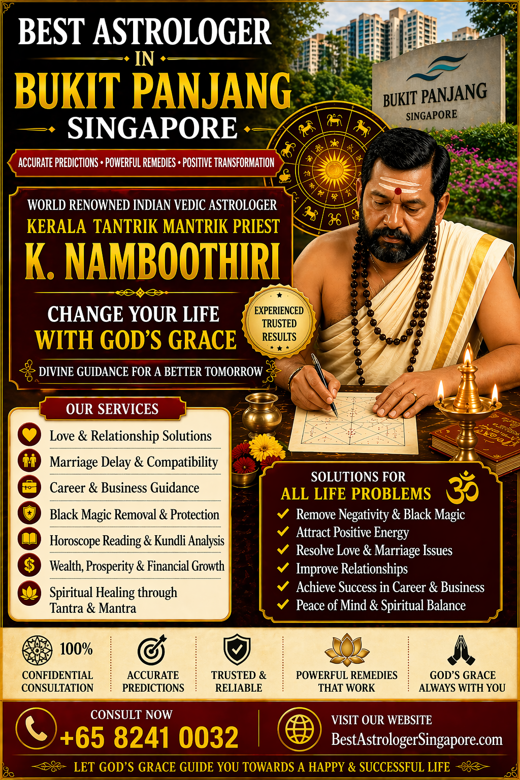 Indian Vedic astrologer K Namboothiri offering astrology services and spiritual remedies in Bukit Panjang Singapore.