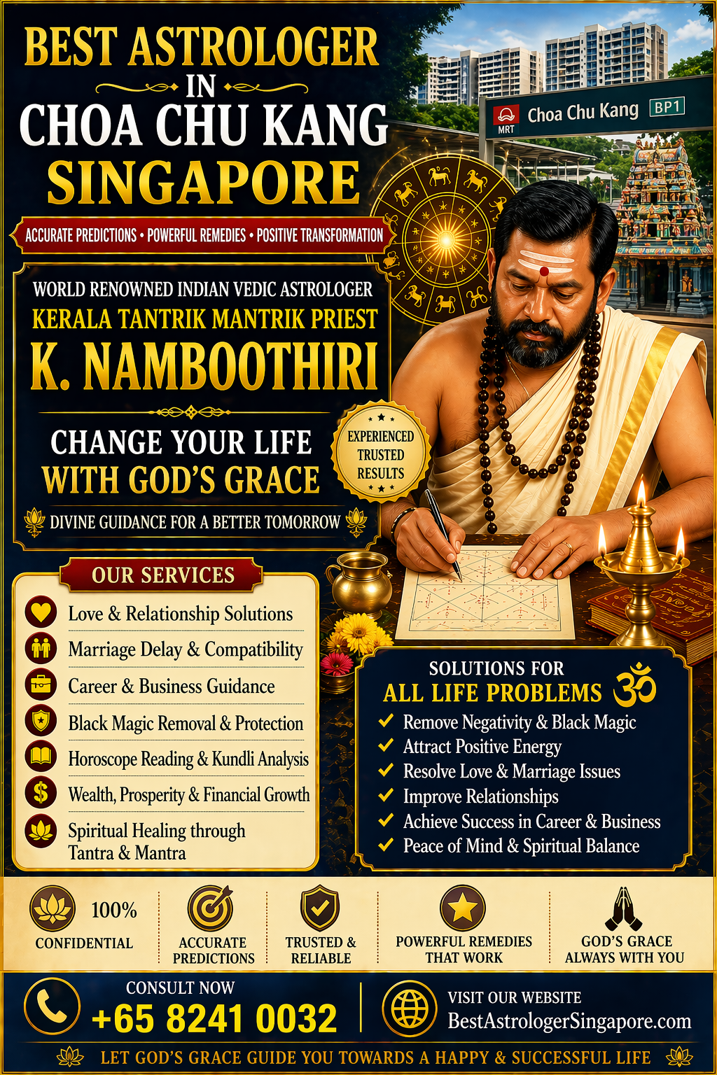 Indian Vedic astrologer K Namboothiri providing astrology services and spiritual remedies in Choa Chu Kang Singapore.