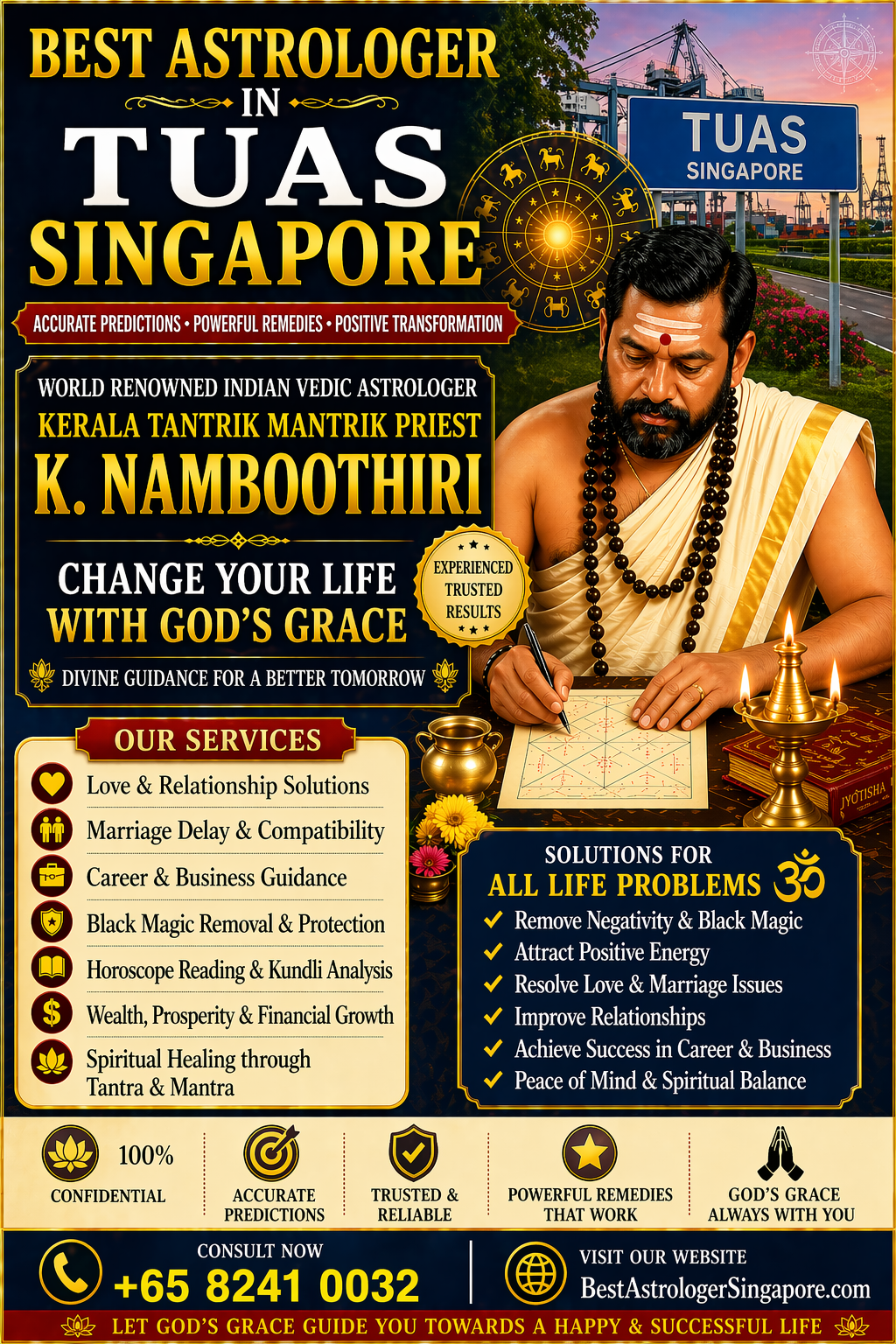 Indian Vedic astrologer K Namboothiri offering astrology services and spiritual remedies in Tuas Singapore.