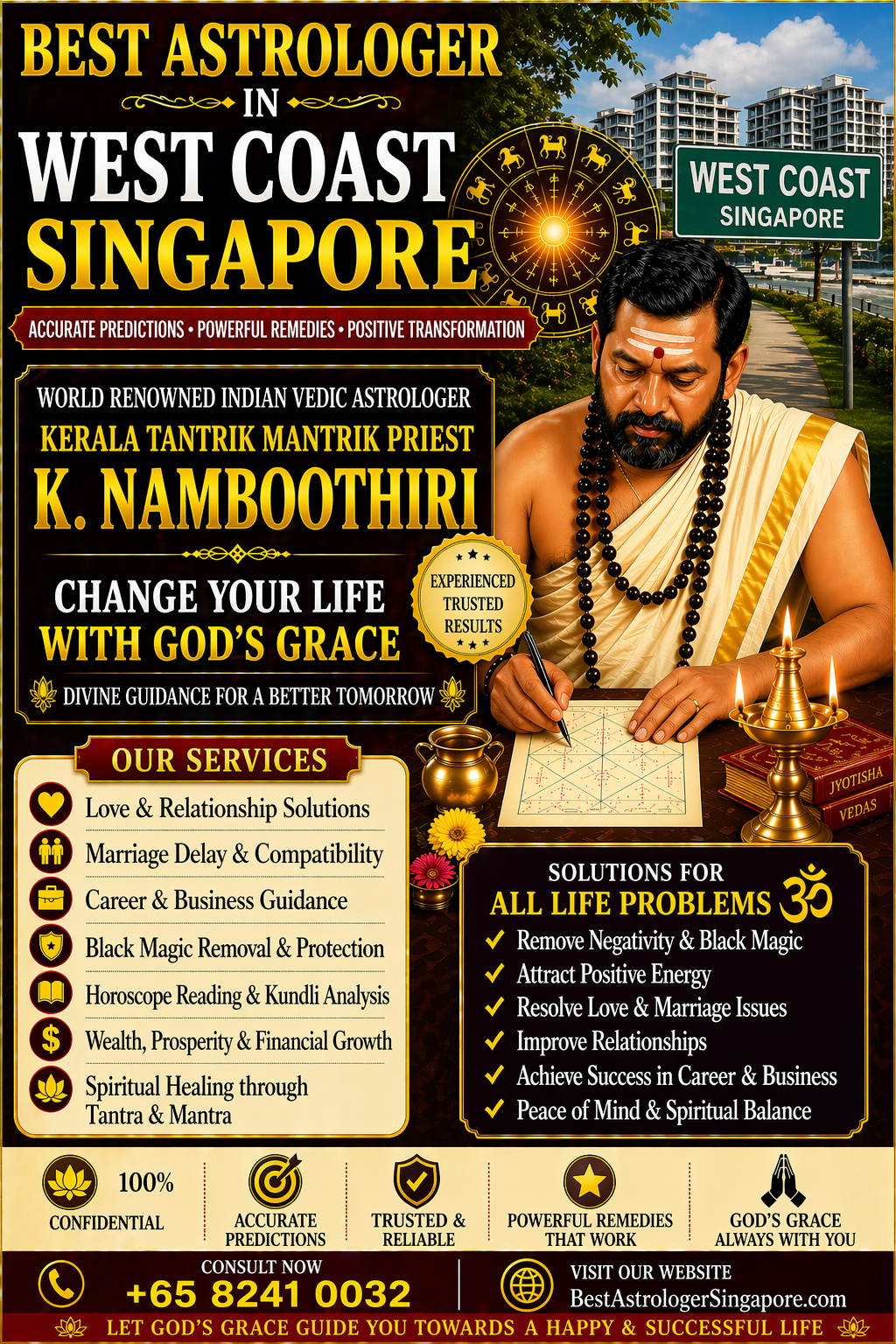 Indian Vedic astrologer K Namboothiri offering astrology services and spiritual remedies in West Coast Singapore.
