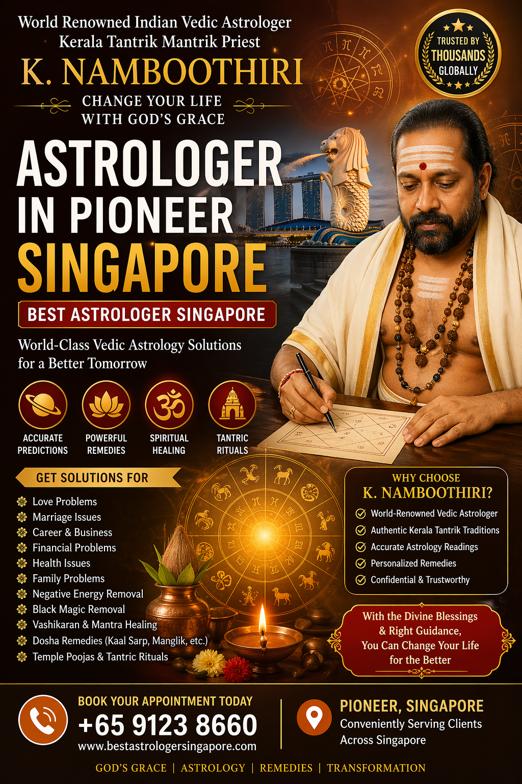 World renowned Indian Vedic astrologer K Namboothiri in Pioneer Singapore offering horoscope reading love problem solutions and black magic removal.