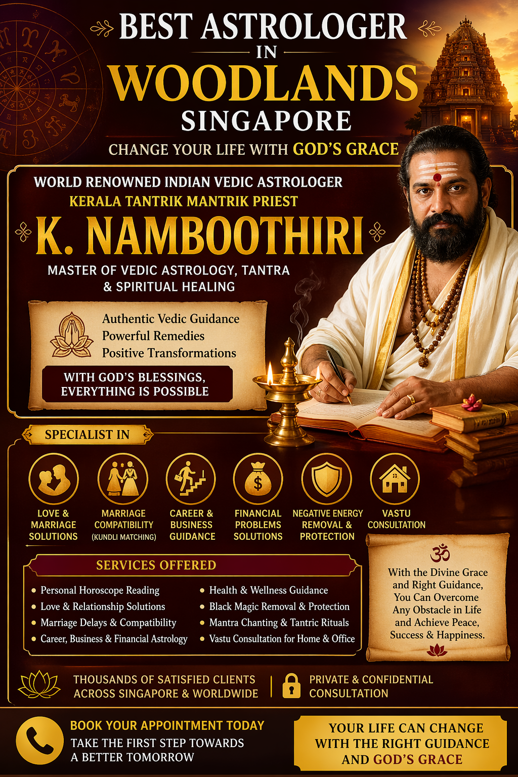 Best astrologer in Woodlands Singapore K Namboothiri providing Vedic astrology, tantra, and spiritual healing services.