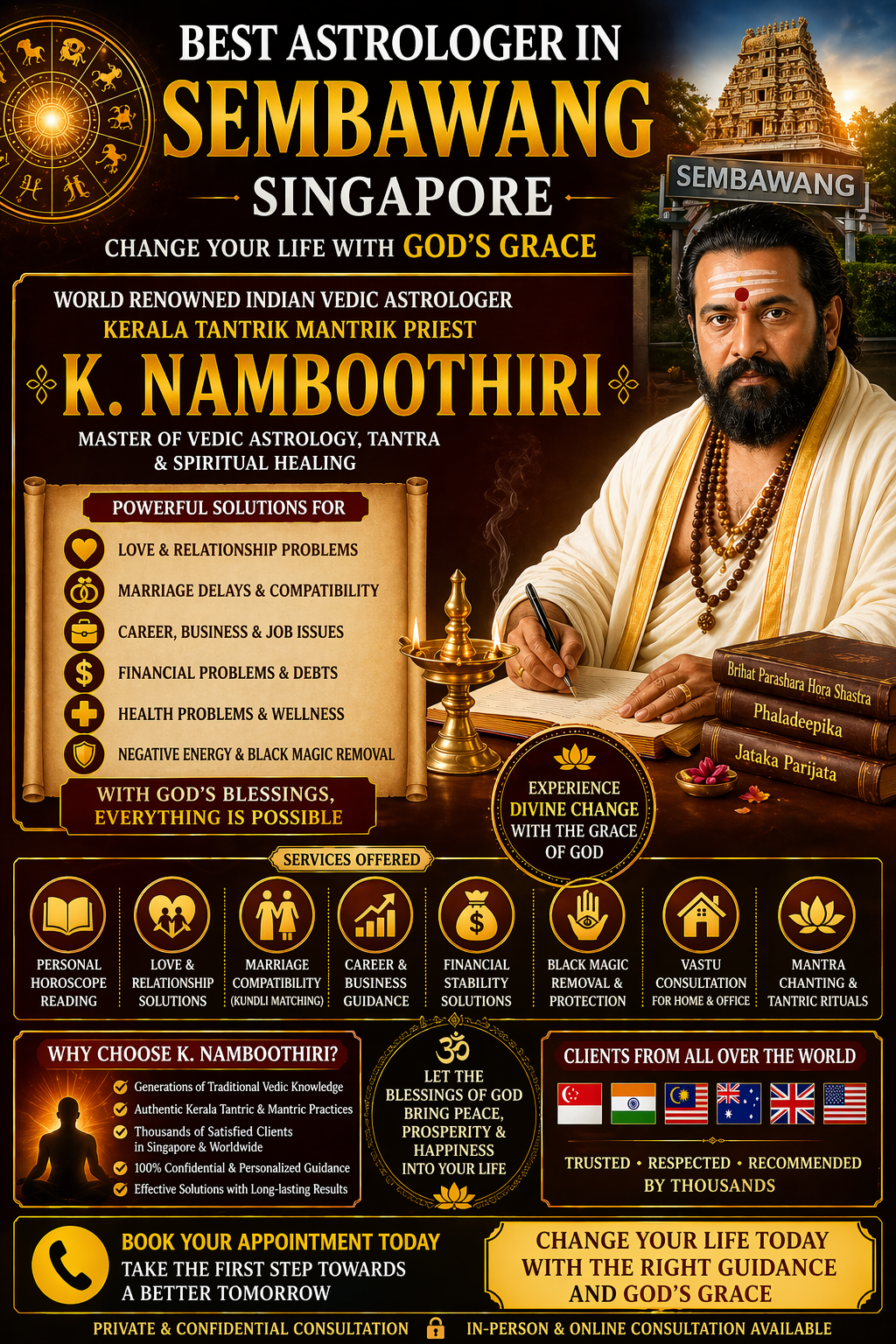 Best astrologer in Sembawang Singapore K Namboothiri offering Vedic astrology, tantra rituals, and spiritual healing services.