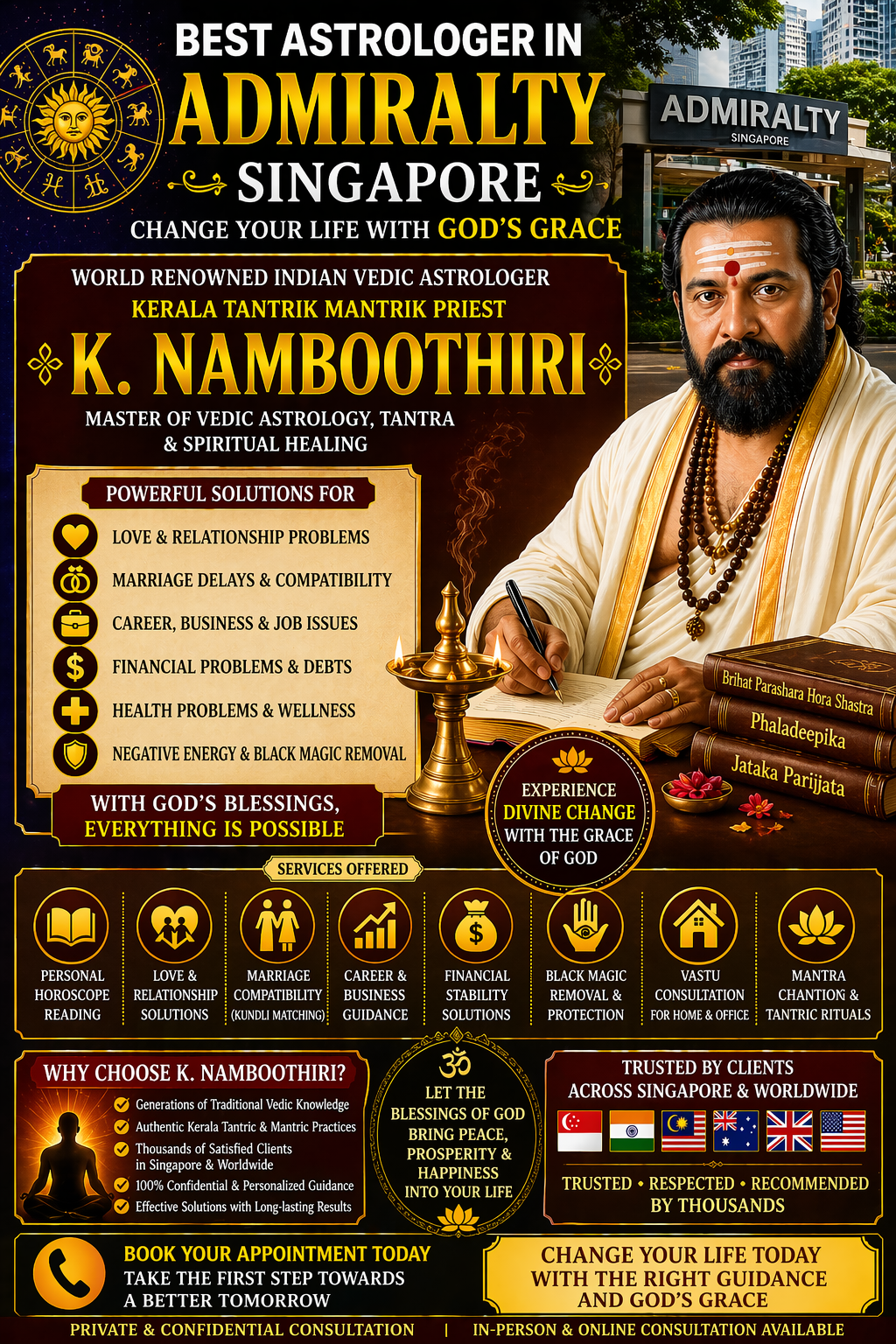 Best astrologer in Admiralty Singapore K Namboothiri offering Vedic astrology, tantra rituals, and spiritual healing services.