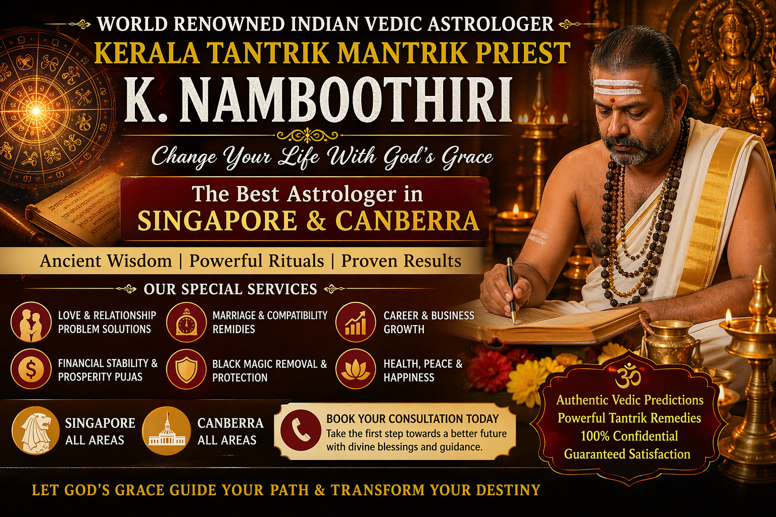 World renowned Indian Vedic astrologer K. Namboothiri performing spiritual rituals for astrology consultation in Singapore and Canberra.