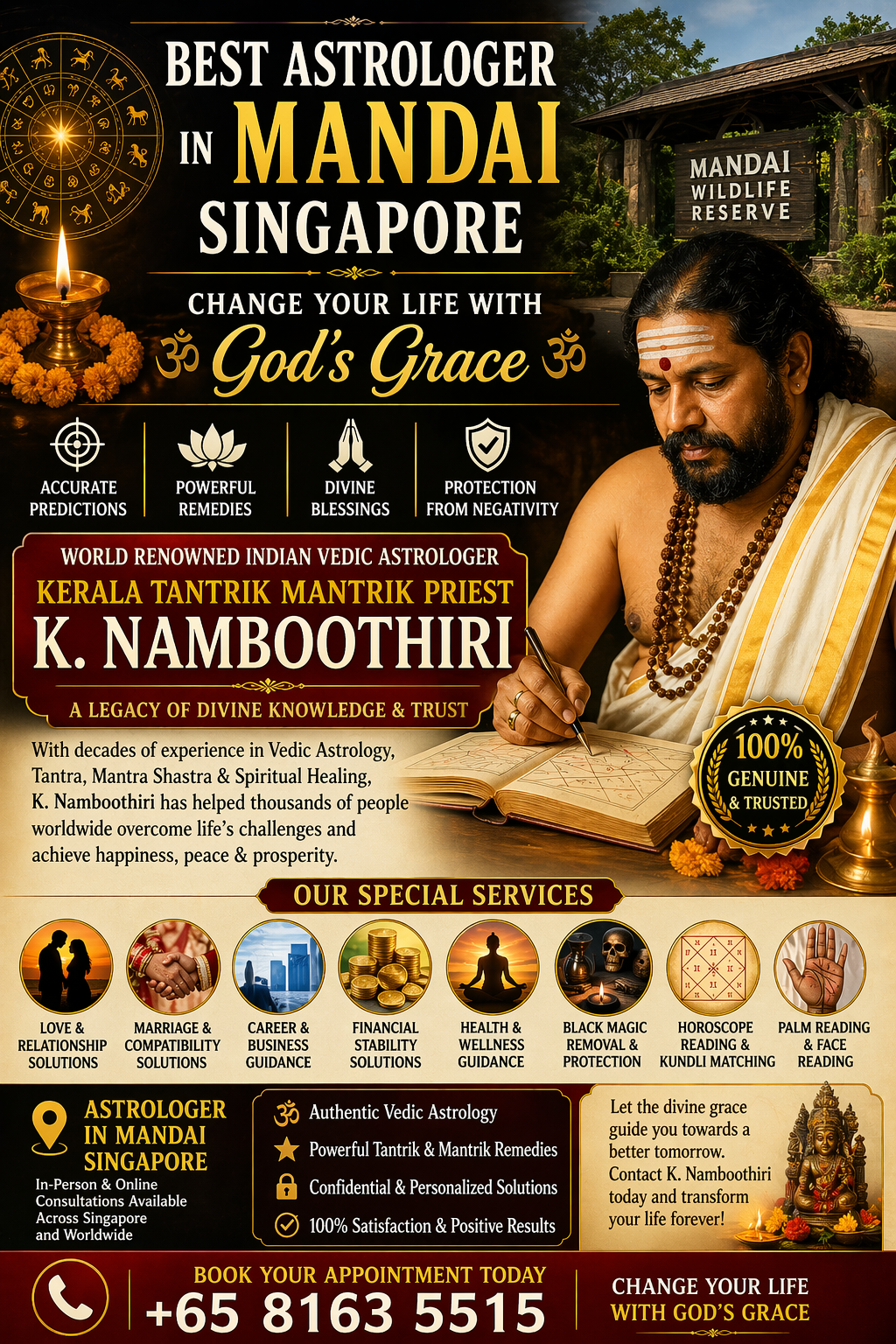Best astrologer in Mandai Singapore K. Namboothiri providing Vedic astrology, tantra, mantra, love, marriage, career and black magic solutions.
