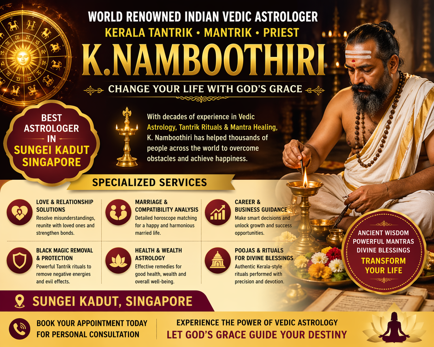 World renowned Indian Vedic astrologer K Namboothiri performing Kerala tantrik ritual in Sungei Kadut Singapore offering astrology and spiritual solutions.