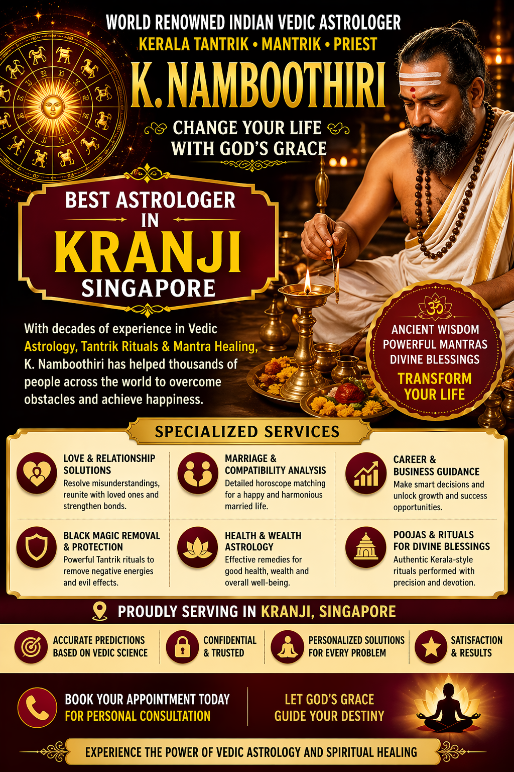 Best astrologer in Kranji Singapore K Namboothiri performing Kerala tantrik ritual offering Vedic astrology and spiritual solutions.