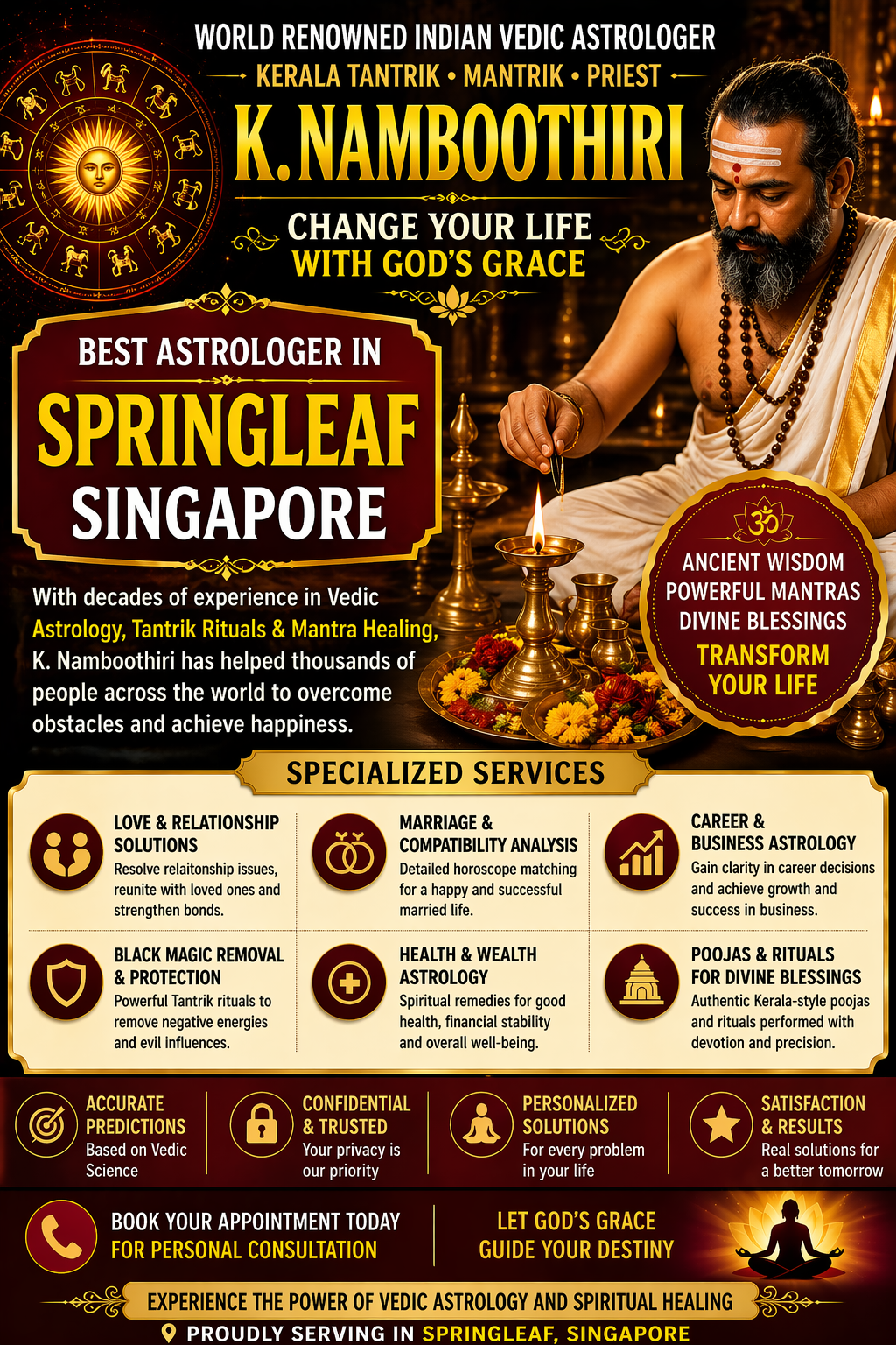 Best astrologer in Springleaf Singapore K Namboothiri performing Kerala tantrik ritual offering Vedic astrology and spiritual solutions.