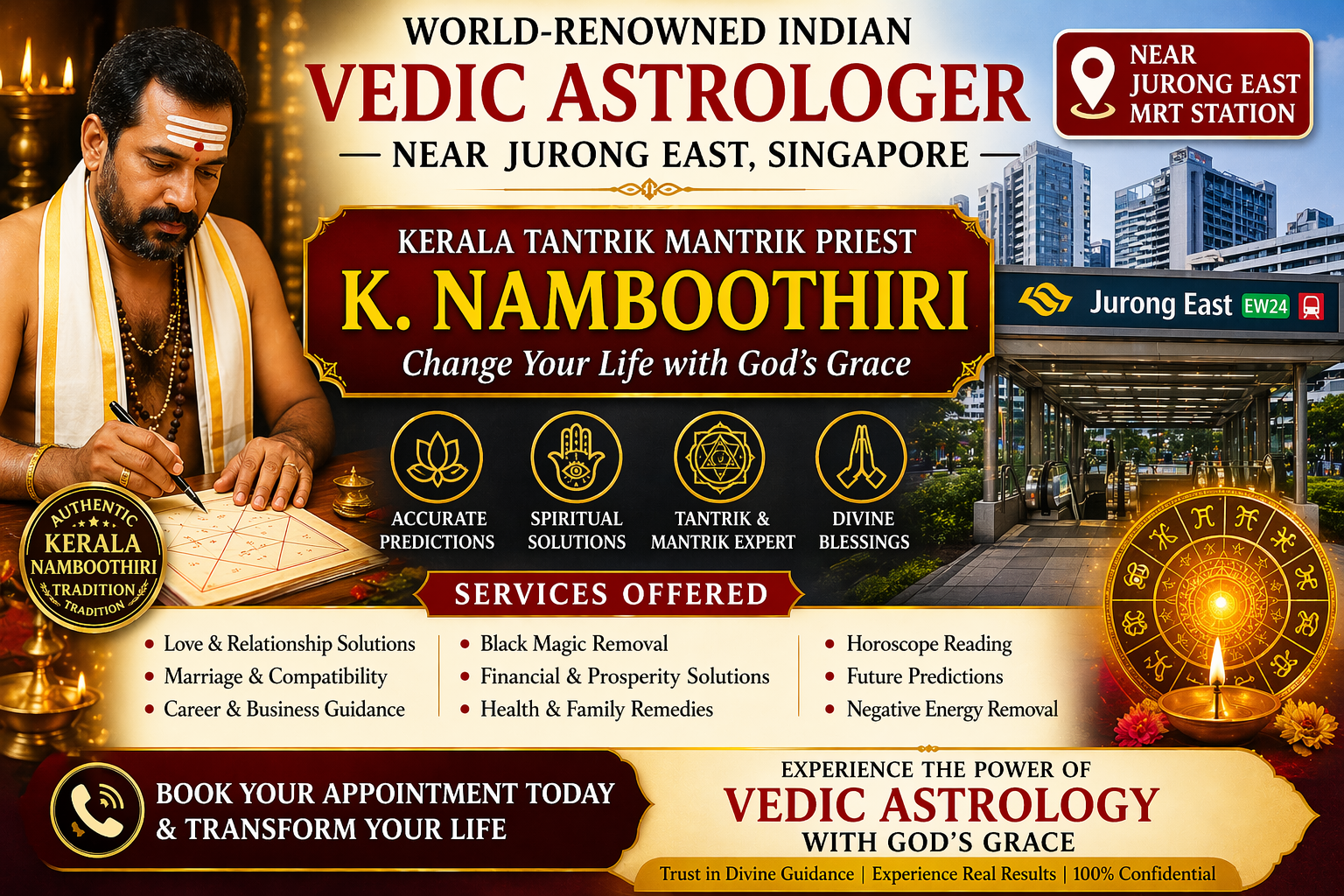 World-renowned Indian Vedic astrologer K. Namboothiri near Jurong East MRT Singapore offering horoscope reading and spiritual solutions.