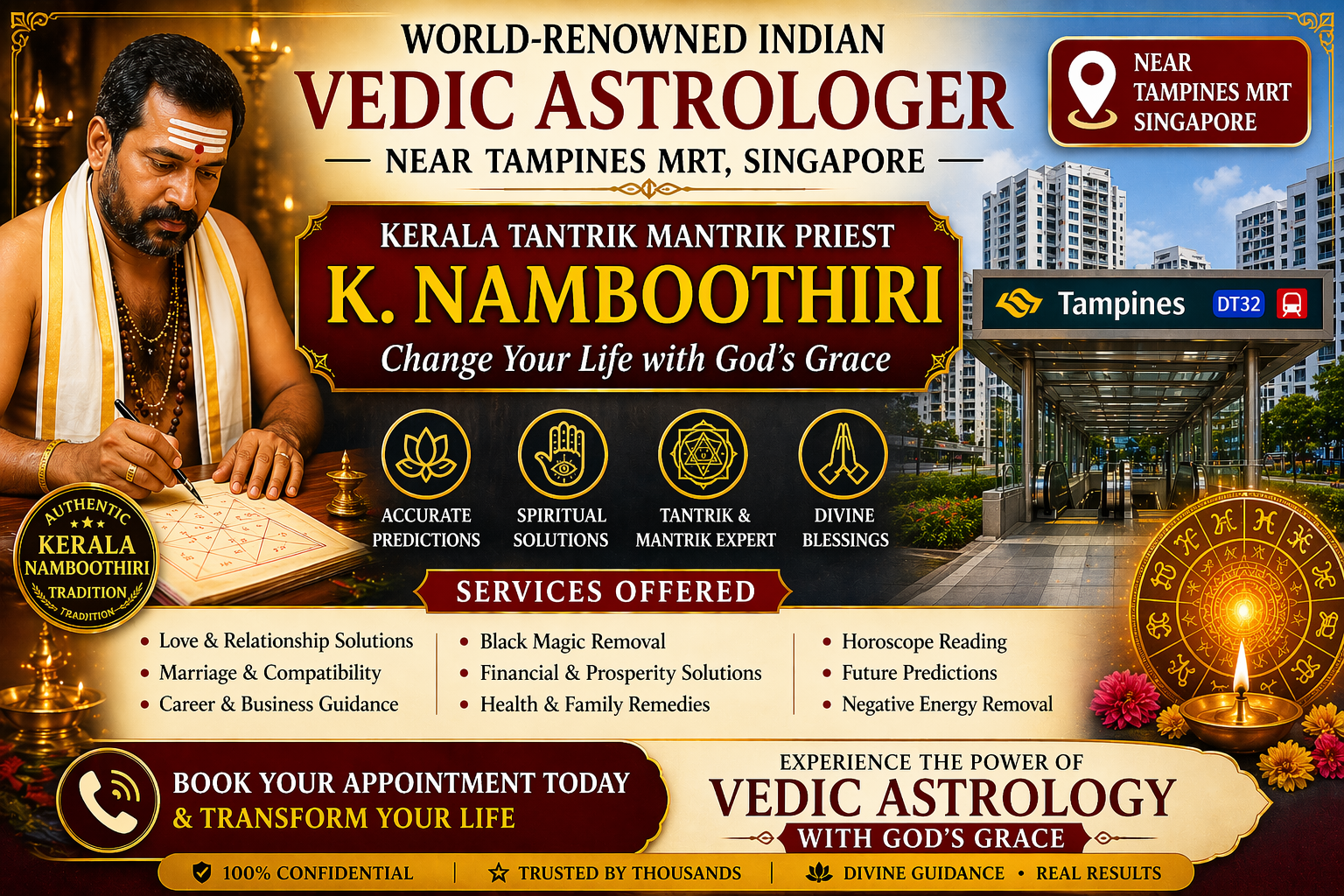 World-renowned Indian Vedic astrologer K. Namboothiri near Tampines MRT Singapore offering horoscope reading and spiritual solutions.