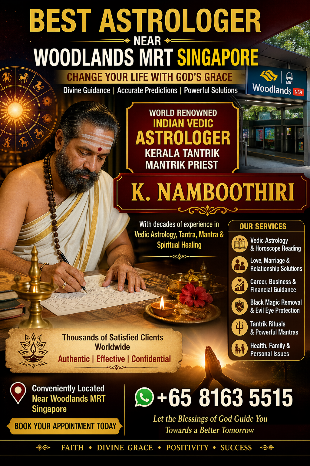 Best astrologer near Woodlands MRT Singapore, Indian Vedic astrologer K. Namboothiri providing spiritual guidance and horoscope solutions.