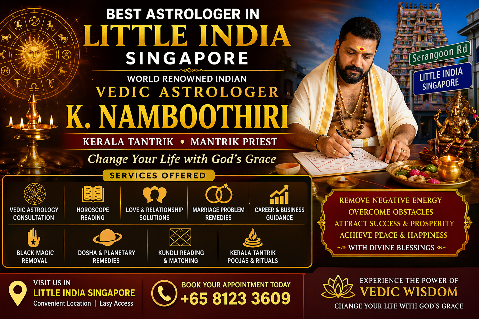 Best astrologer in Little India Singapore K. Namboothiri offering Vedic astrology, Kerala tantrik rituals, and spiritual healing services.