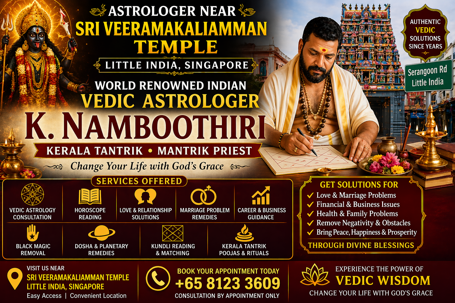 Astrologer near Sri Veeramakaliamman Temple Singapore K. Namboothiri offering Vedic astrology, Kerala tantrik rituals, and spiritual healing services.