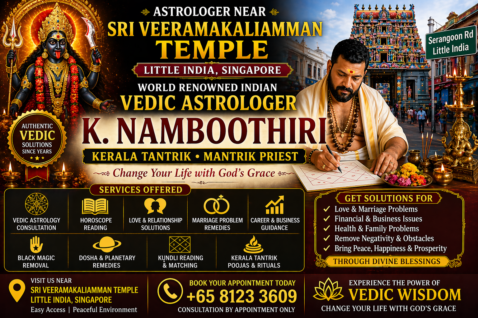 Astrologer near Sri Veeramakaliamman Temple Singapore K. Namboothiri offering Vedic astrology, Kerala tantrik rituals, and spiritual healing services.