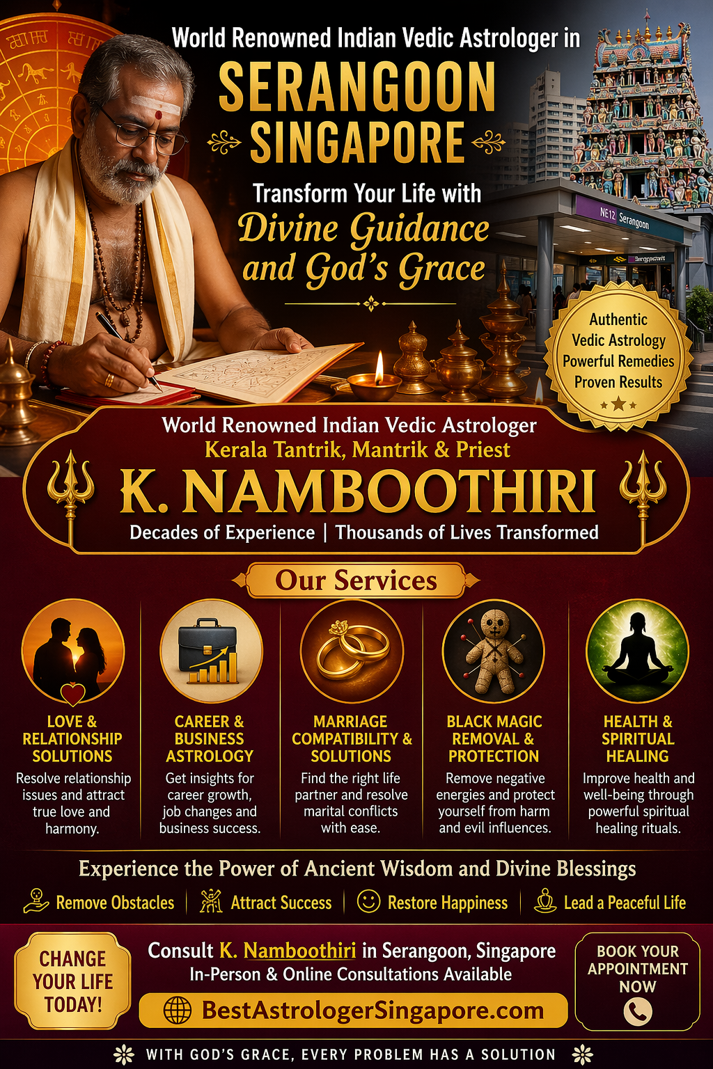 World renowned Indian Vedic astrologer K. Namboothiri offering astrology services in Serangoon Singapore.