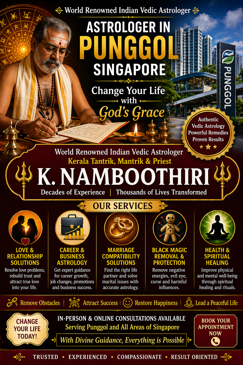 World renowned Indian Vedic astrologer K. Namboothiri offering astrology services in Punggol Singapore.