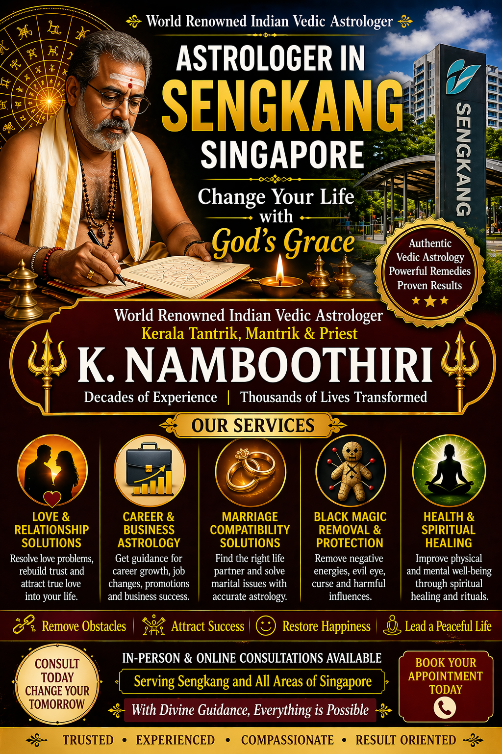 World renowned Indian Vedic astrologer K. Namboothiri providing astrology services in Sengkang Singapore.