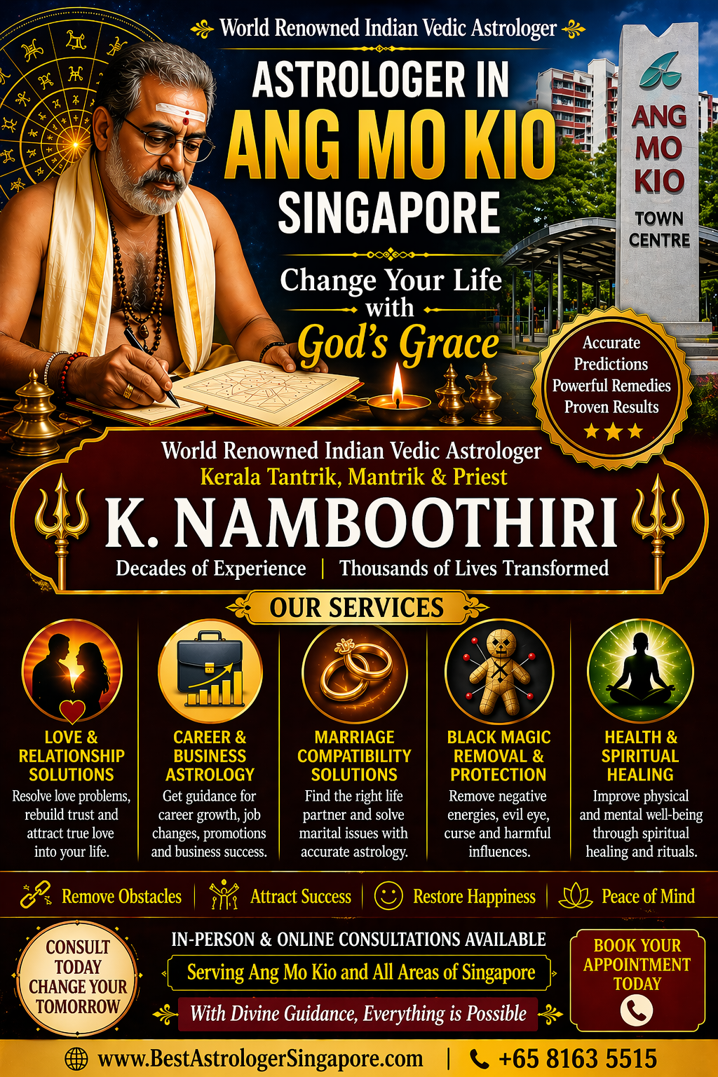World renowned Indian Vedic astrologer K. Namboothiri offering astrology services in Ang Mo Kio Singapore.