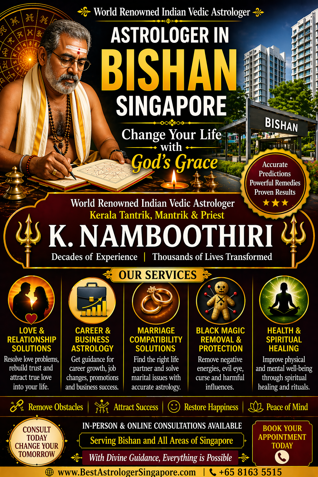 World renowned Indian Vedic astrologer K. Namboothiri providing astrology services in Bishan Singapore.