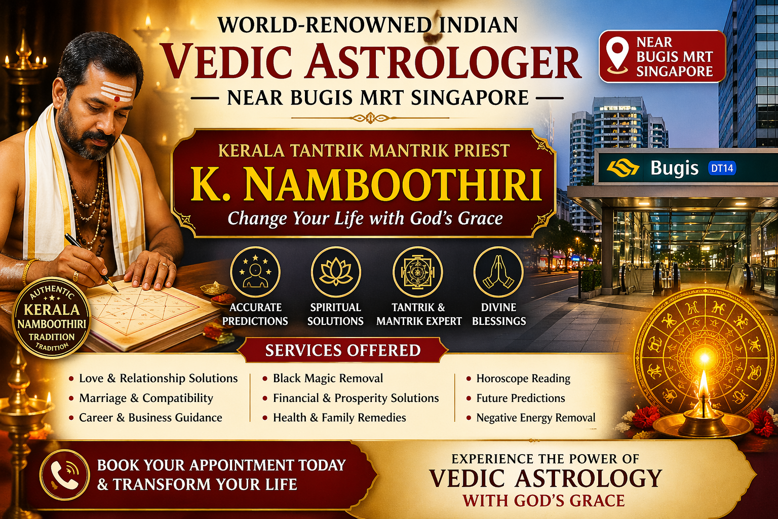 World-renowned Indian Vedic astrologer K. Namboothiri near Bugis MRT Singapore offering spiritual solutions and horoscope reading.